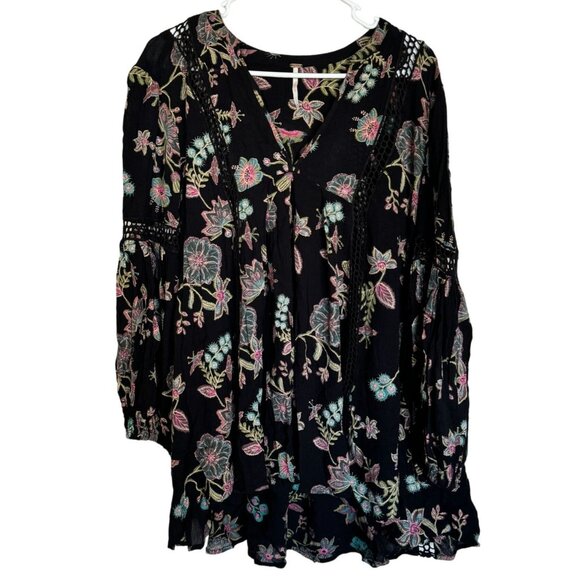 Free People XS Just the Two Of Us Black Floral  Tunic high/low hem top /j2‎ - Picture 1 of 6